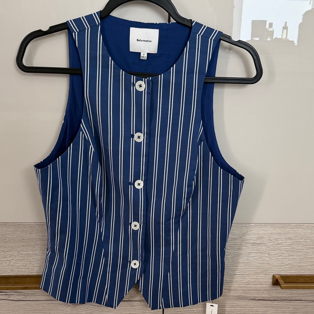 Reformation Navy and White Striped Sleeveless vest